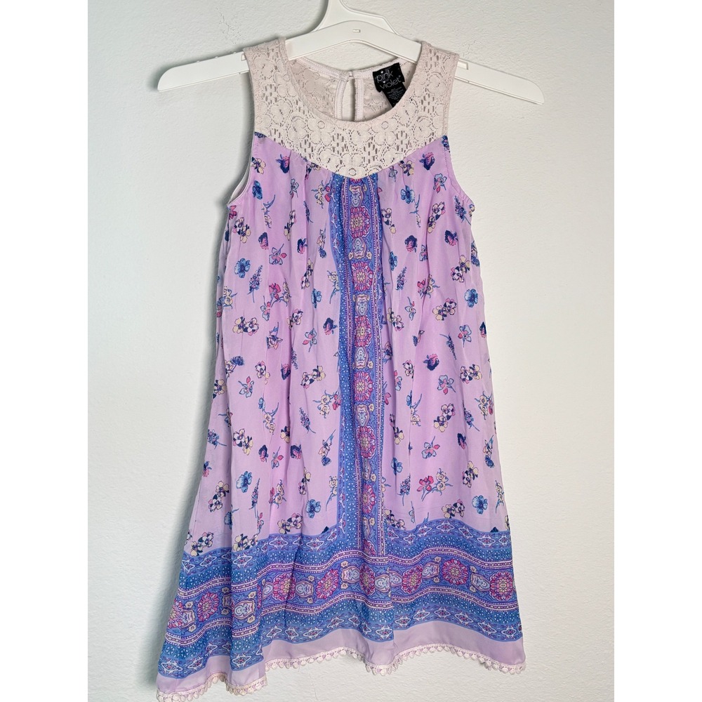 Pink Violet Girls Purple Floral Boho Lace Chiffon Sleeveless Dress Size M 7/8